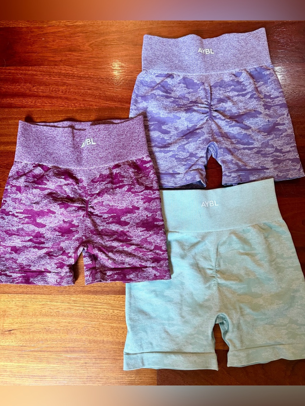 3 peice AYBL Evolve Camo Shorts — Purple Camo, burgundy and sage green